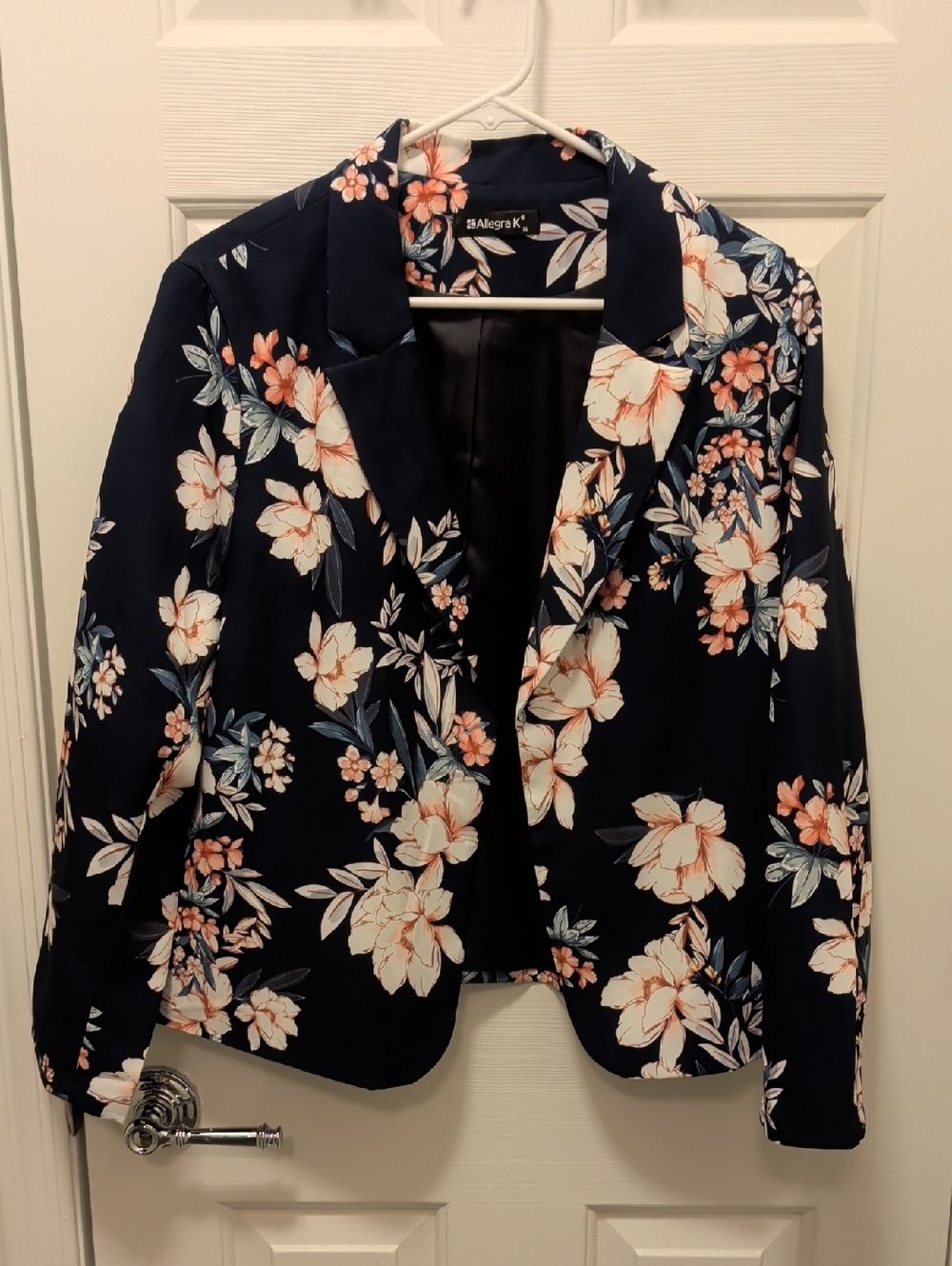 Allegra K Navy Floral Blazer with Pink & Cream Blooms